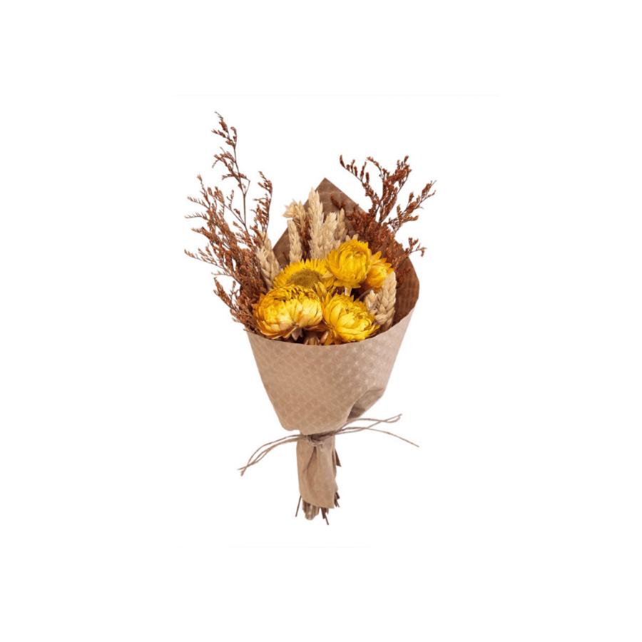 Mini Harvest Wheat and Sundrenched Strawflower Bouquet - Saltbox Sash