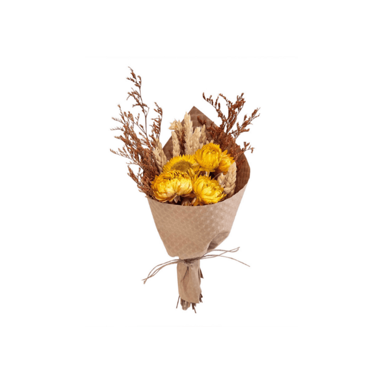 Mini Harvest Wheat and Sundrenched Strawflower Bouquet - Saltbox Sash