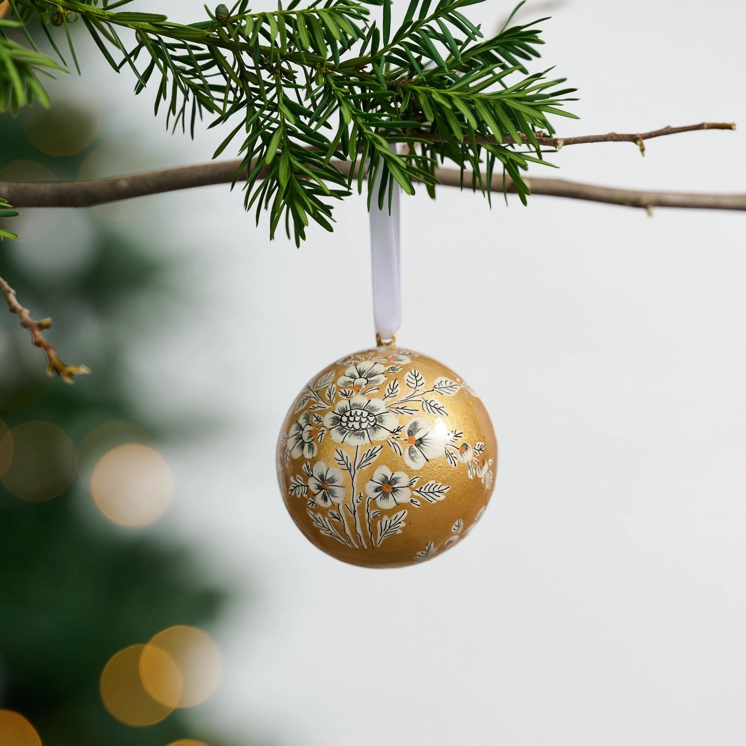 Painted Gold Florals Paper Mache Ball Ornament - Saltbox Sash