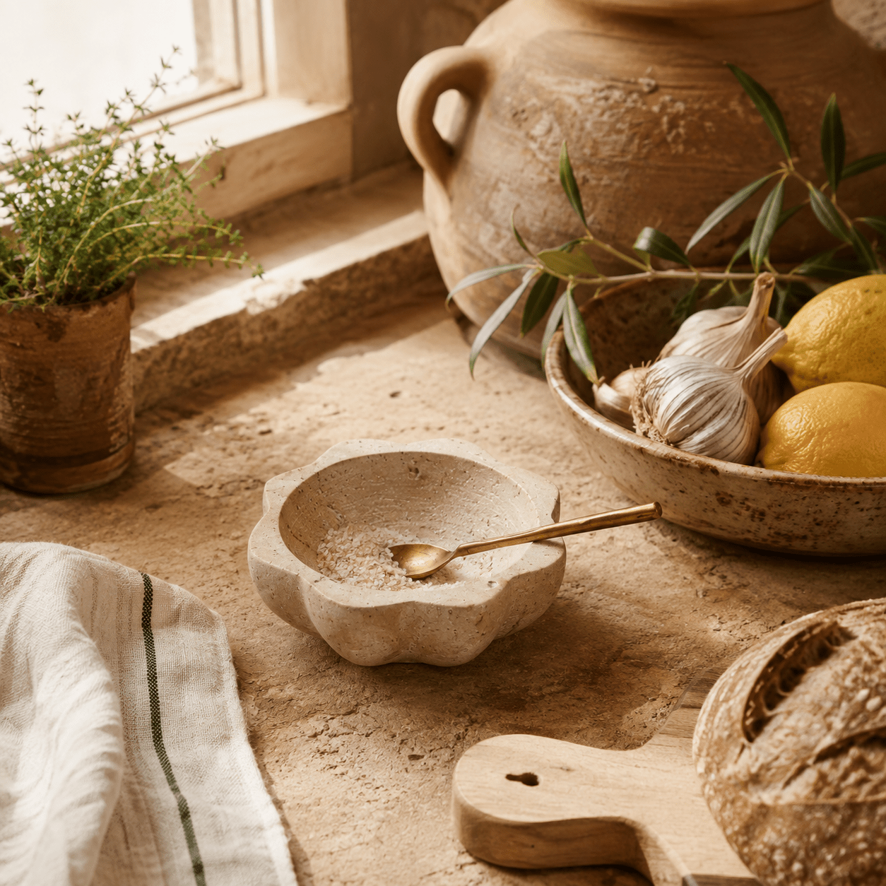 Travertine Lotus Salt Bowl Set - Saltbox Sash