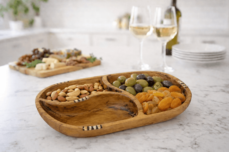 Tri - Section Olive Wood Serving Platter with Batik Bone Accent - Saltbox Sash