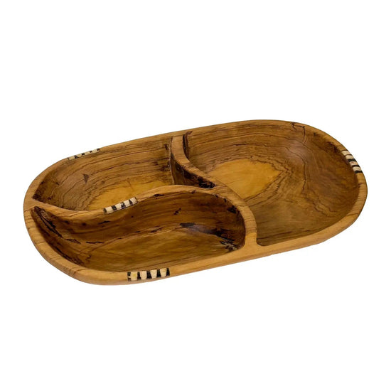 Tri - Section Olive Wood Serving Platter with Batik Bone Accent - Saltbox Sash