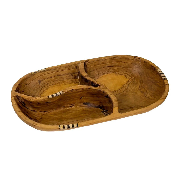 Tri - Section Olive Wood Serving Platter with Batik Bone Accent - Saltbox Sash