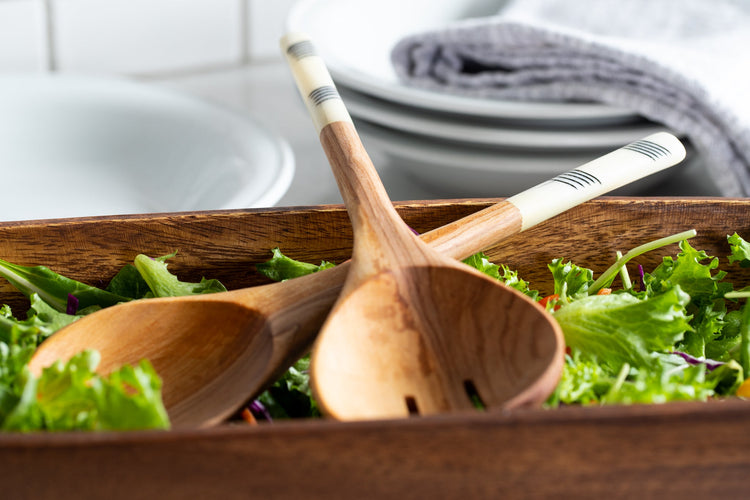 Hand-Etched Wild Olive Wood Salad Servers - Saltbox Sash