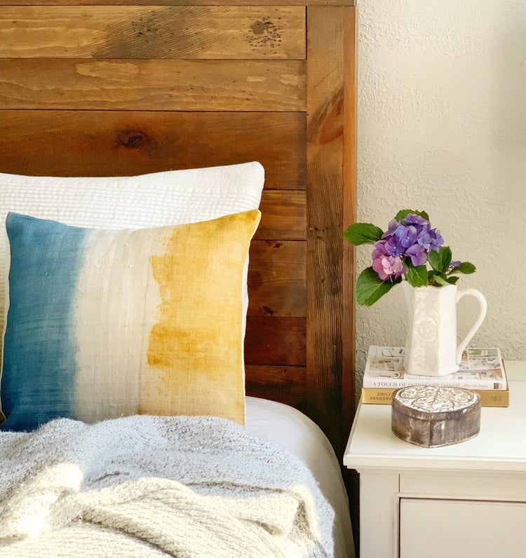 Handwoven 16" Indigo & Turmeric Dyed Silk Pillow Cover - Saltbox Sash