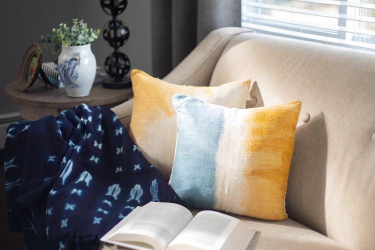 Handwoven 16" Indigo & Turmeric Dyed Silk Pillow Cover - Saltbox Sash