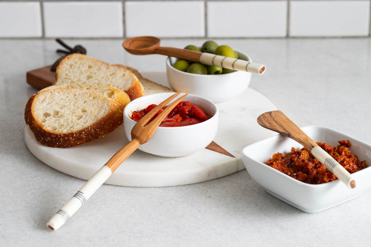 Olive Wood & Batik Appetizer Set - Saltbox Sash