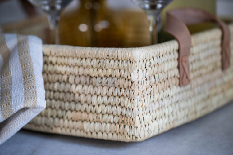 Square Palm Leaf Handled Basket Tray - Saltbox Sash