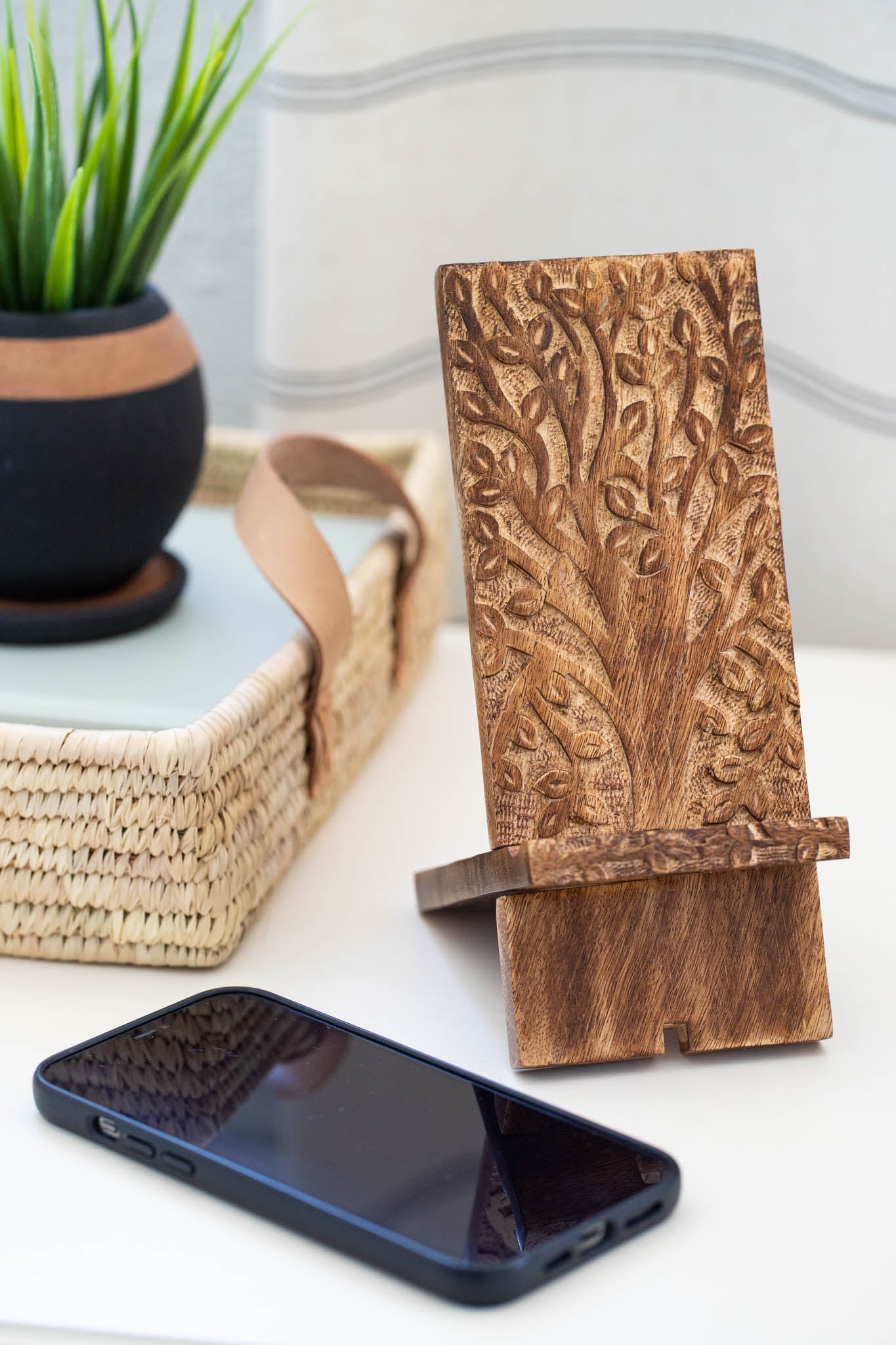 Tree of Life Hand-Carved Mango Wood Smartphone Dock - Saltbox Sash